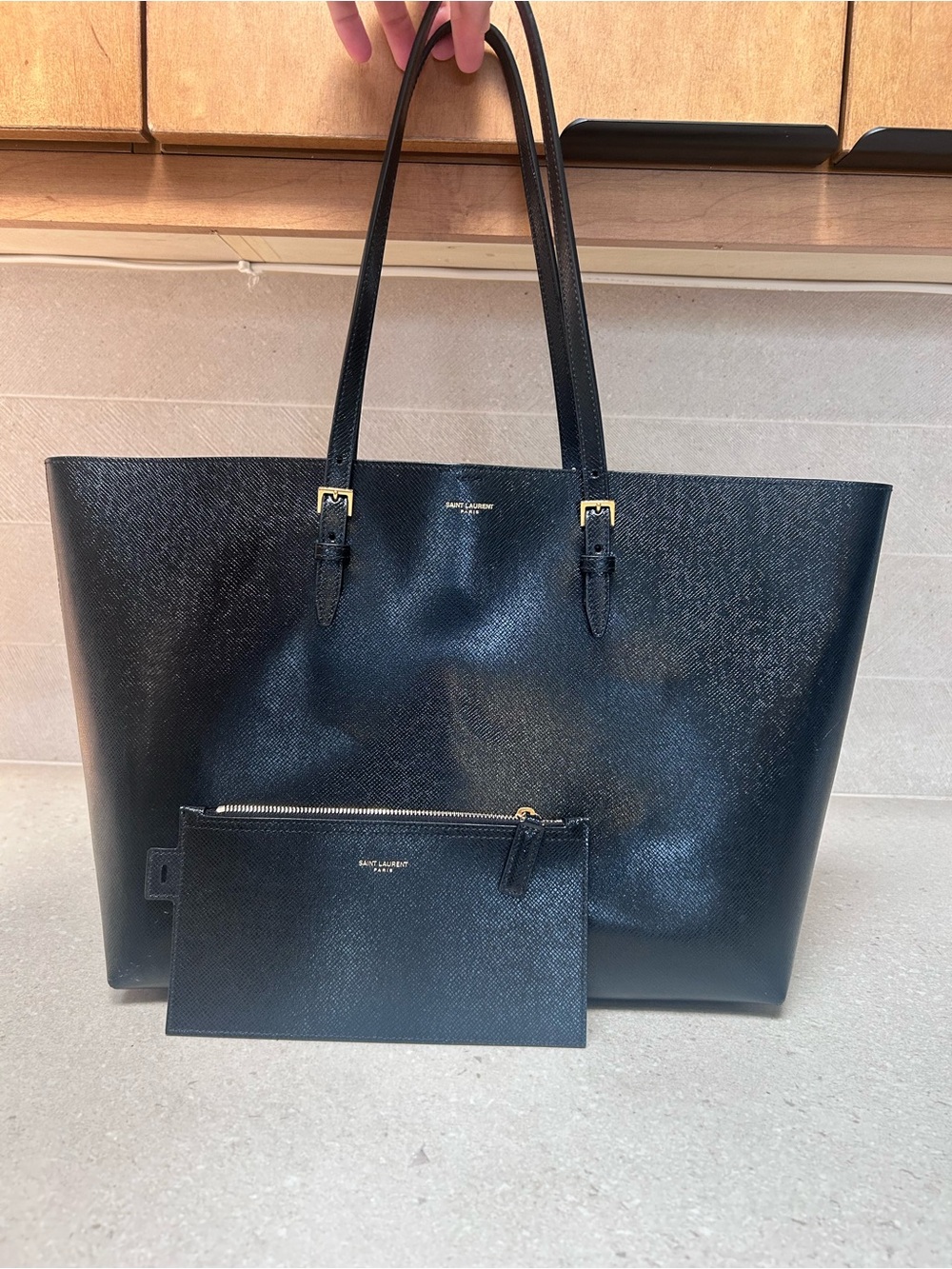 Saint Laurent Black Saffiano Leather Tote with Zip Pouch